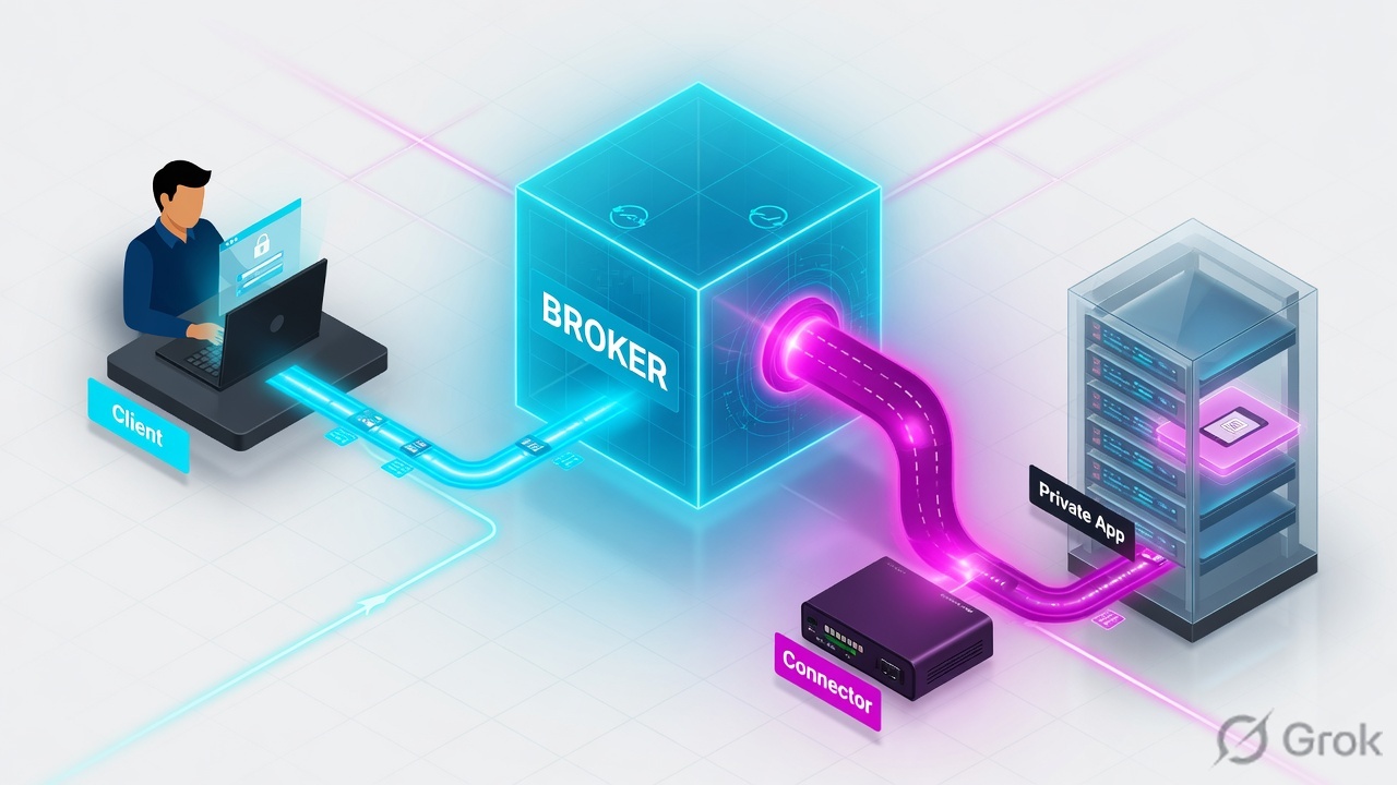 Laptop Client to Broker cube, then magenta inside-out tunnel through a Connector appliance to a Private App rack