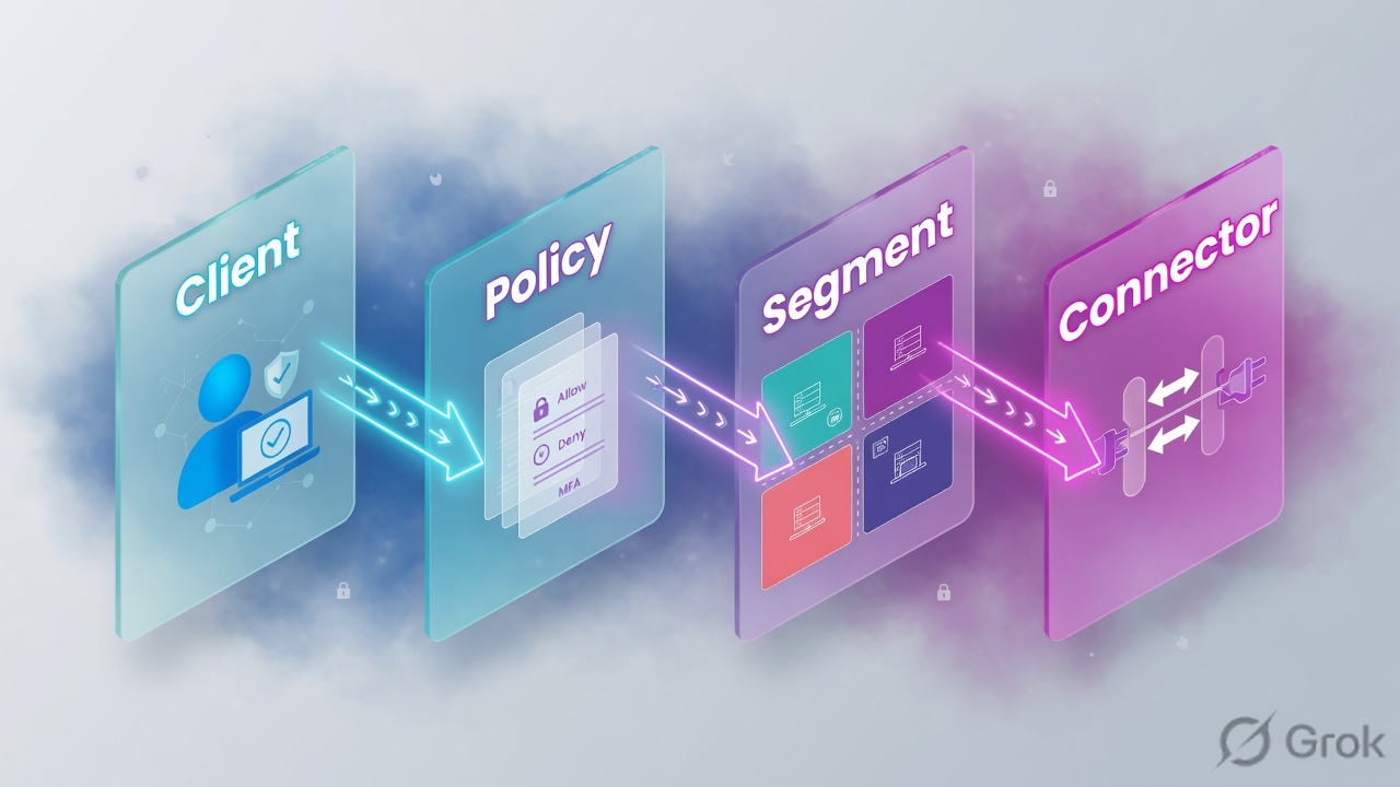 Four glass panels labeled Client, Policy, Segment, Connector