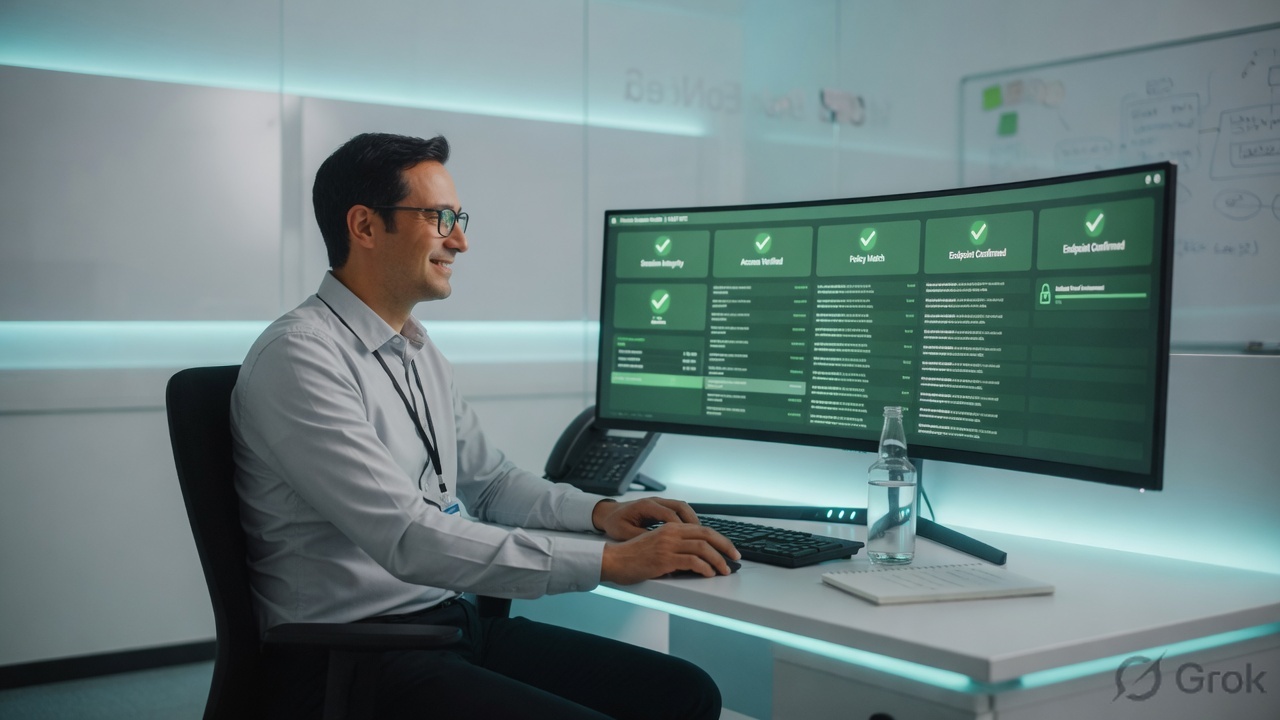 Engineer at a monitor with abstract green health checkmarks and log columns
