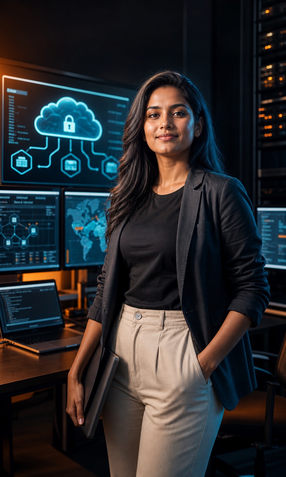 Indian cloud security engineer beside secure cloud architecture screens