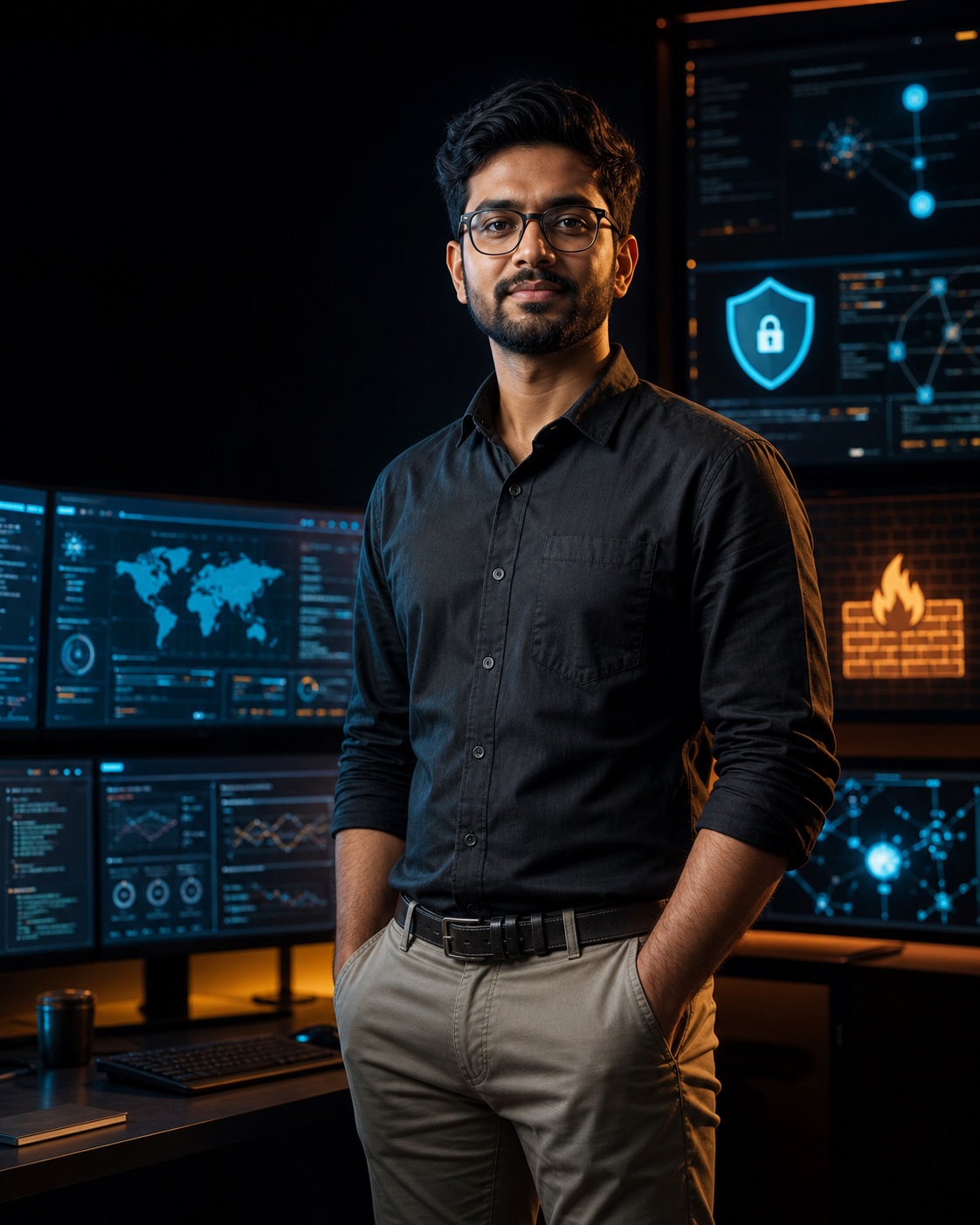 Indian cybersecurity engineer in a modern security operations environment