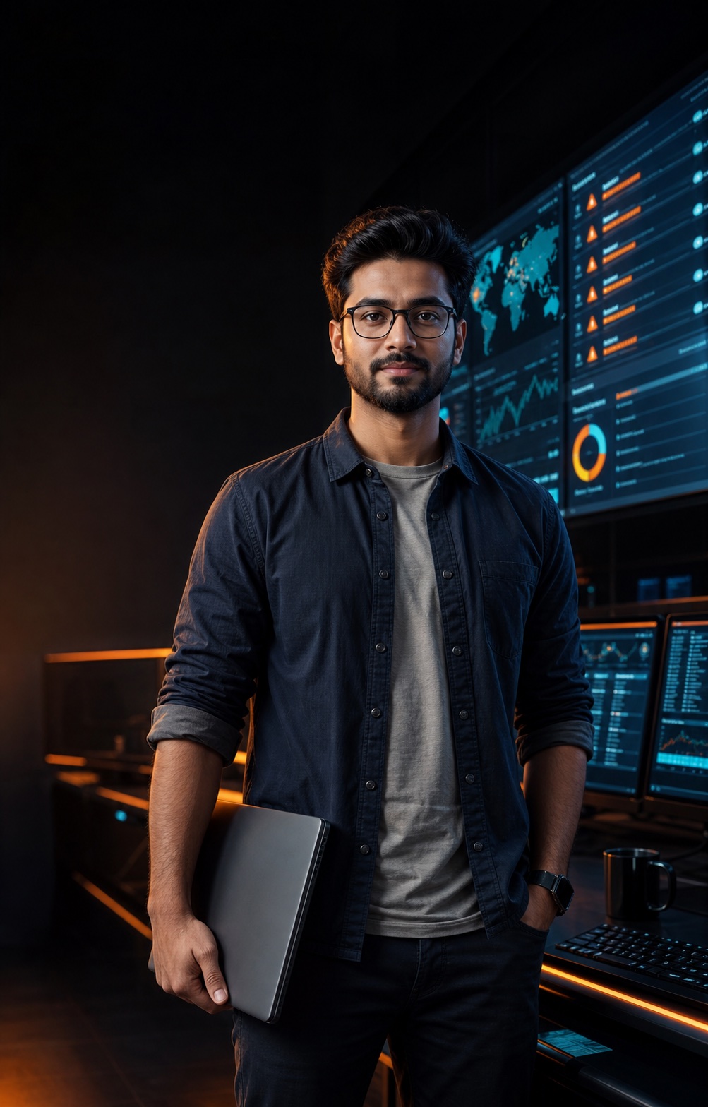 Indian SOC analyst standing in front of security monitoring screens