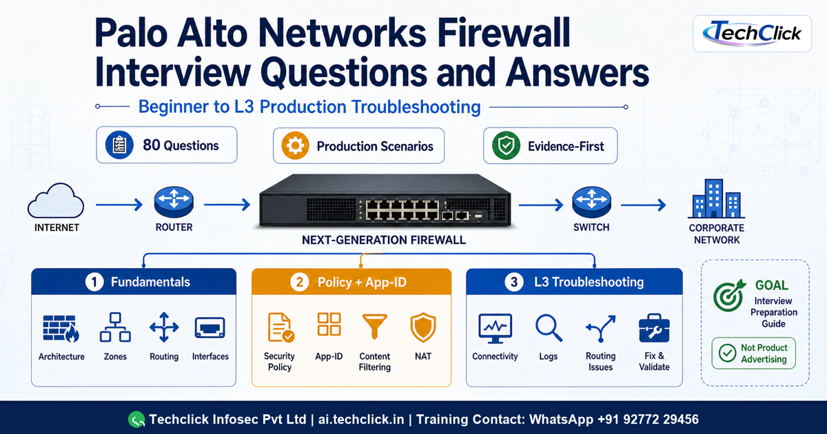 Palo Alto Networks firewall interview guide cover with 80 evidence-first questions.