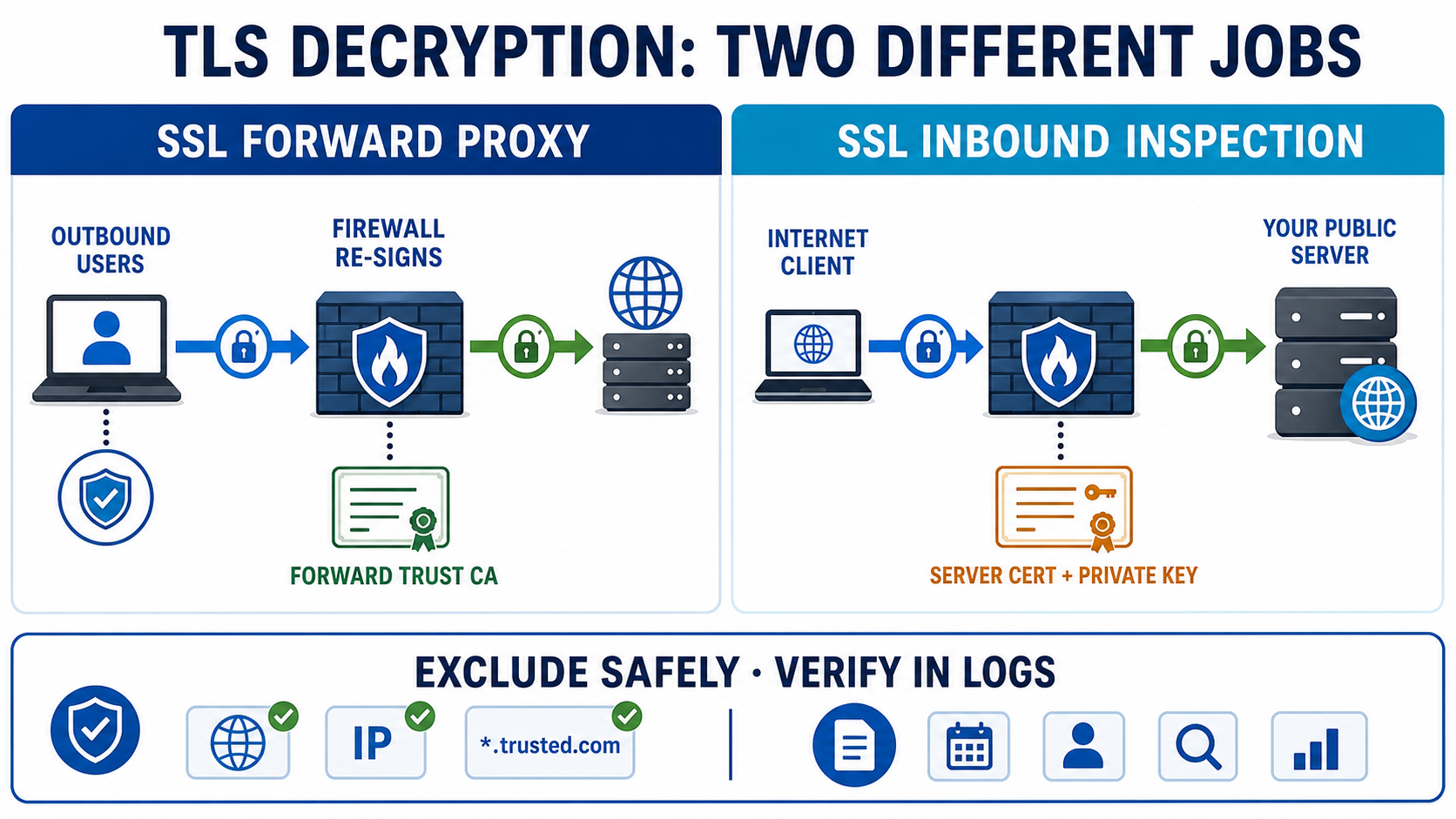 TLS decryption infographic comparing SSL Forward Proxy for outbound users with SSL Inbound Inspection for an organization-owned server.