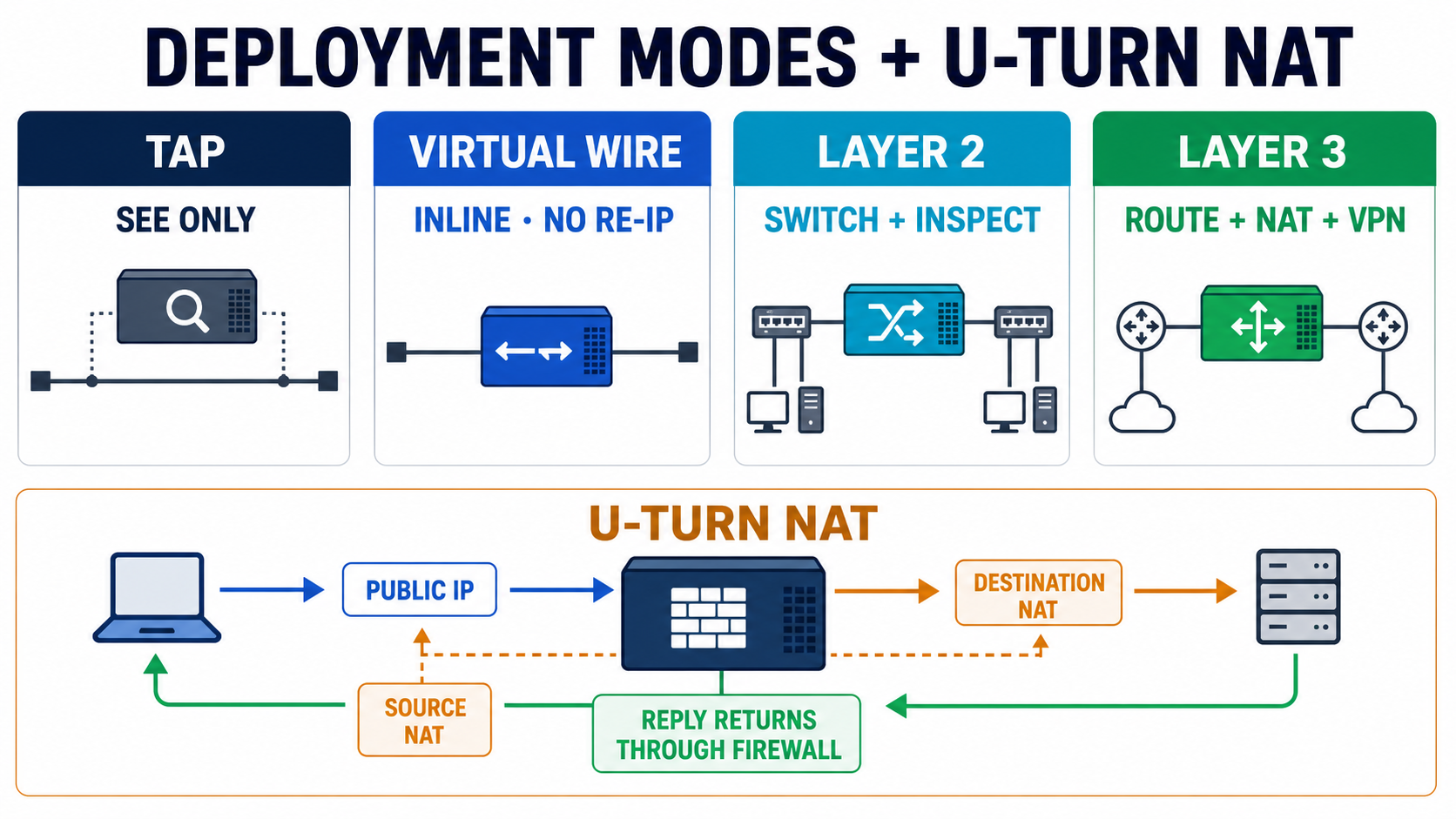 Firewall deployment-mode and U-turn NAT infographic comparing TAP, virtual wire, Layer 2, Layer 3, and the hairpin return path.