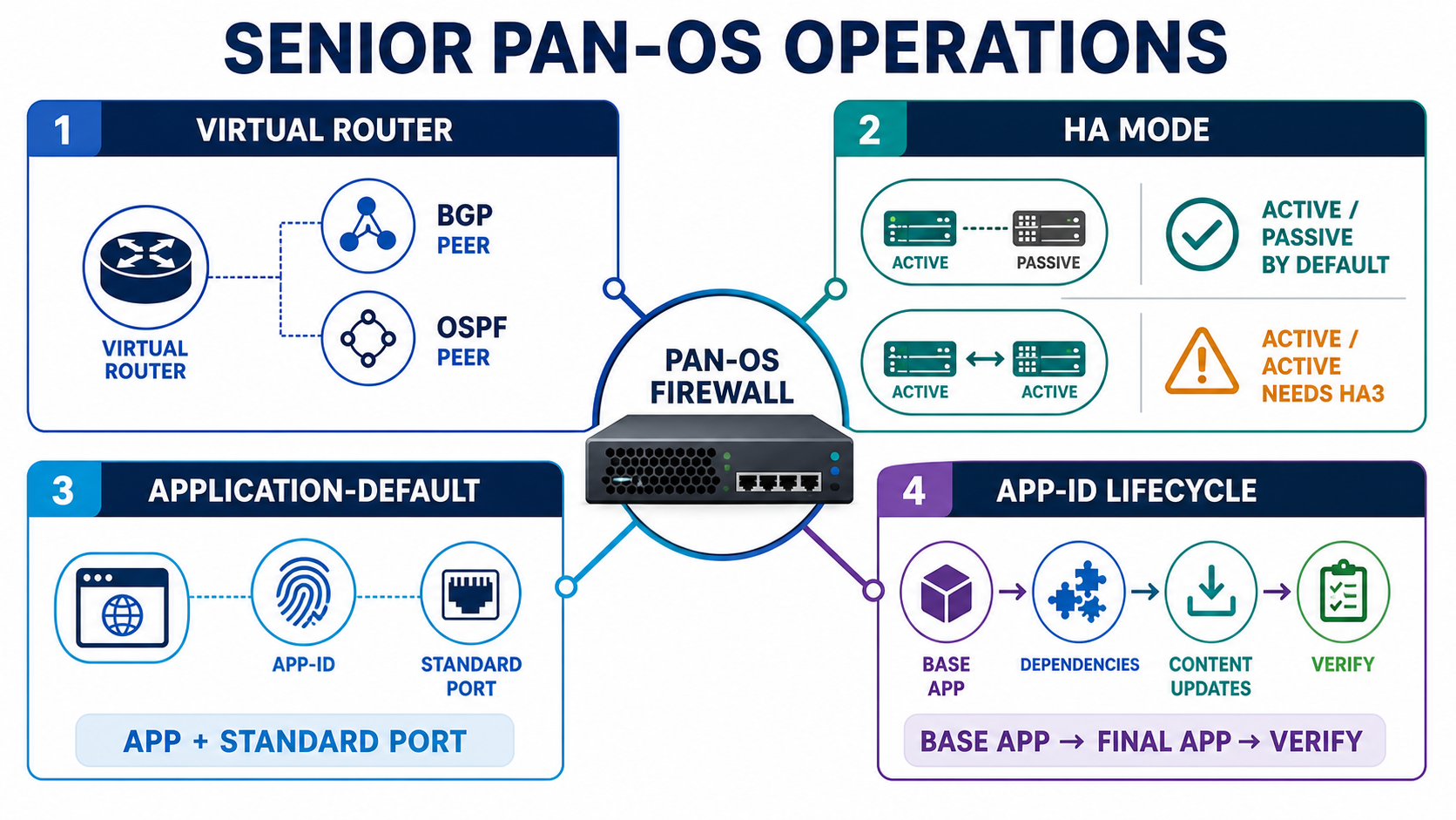 Senior PAN-OS operations infographic covering Virtual Router protocols, HA modes, application-default, and the App-ID lifecycle.