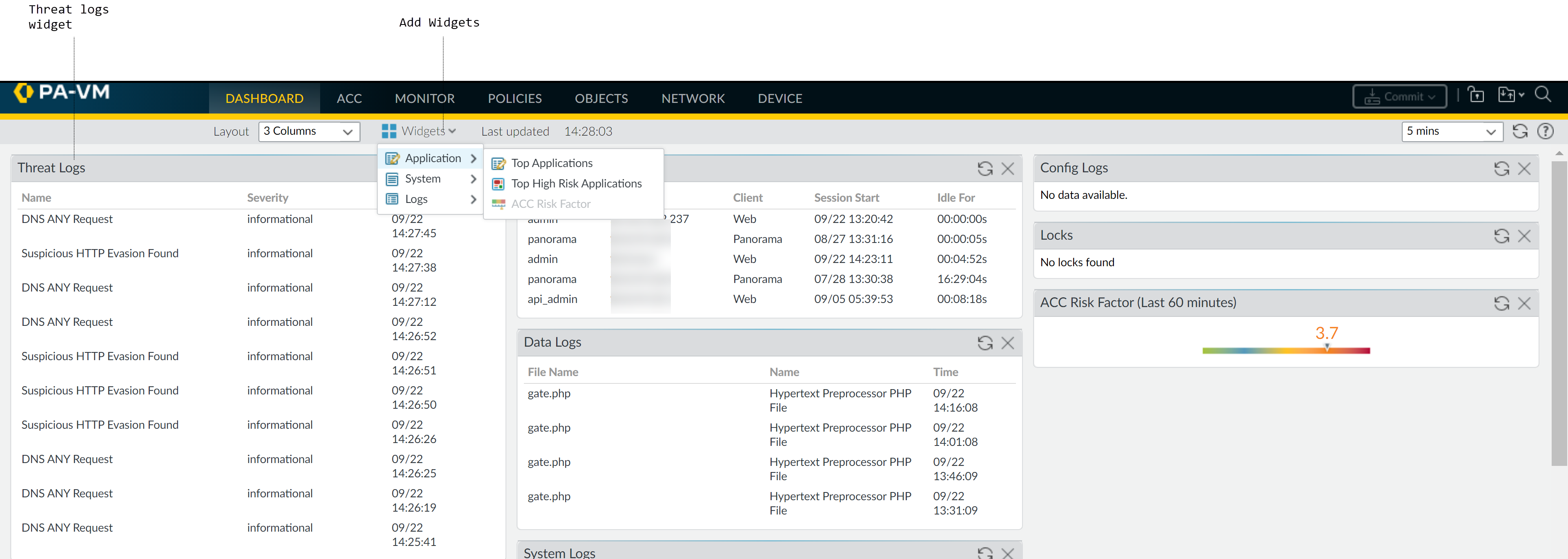 Official PAN-OS dashboard and logs screenshot