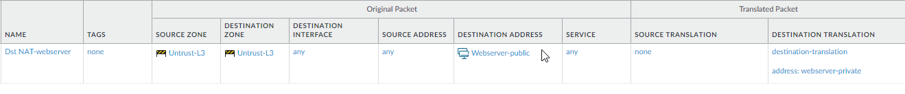 Official PAN-OS destination NAT policy screenshot