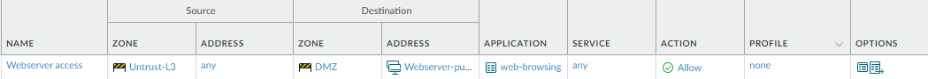 Official PAN-OS Security policy for destination NAT screenshot