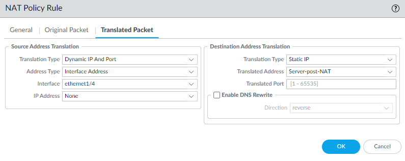 Official PAN-OS translated NAT session tuple screenshot